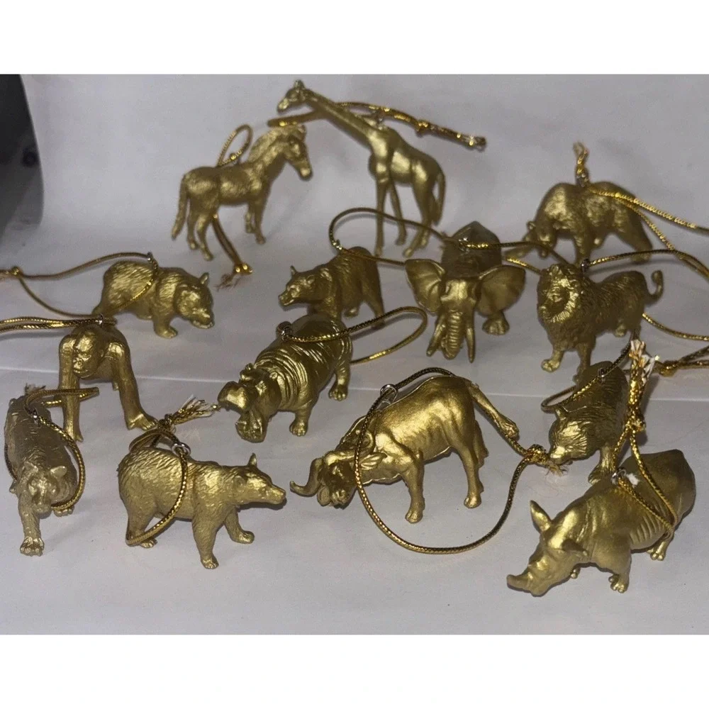 14 Vintage Miniture Gold Plastic Safari Barn Animals Christmas Ornaments 2